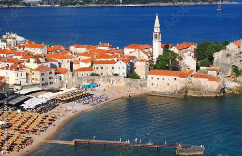 Panoramic view of the Budva Riviera travel destination from the beach Mogrenof the fortress of the Old Town. Budva - one of the best preserved medieval cities in the Mediterranean, Montenegro, Europe #340736504