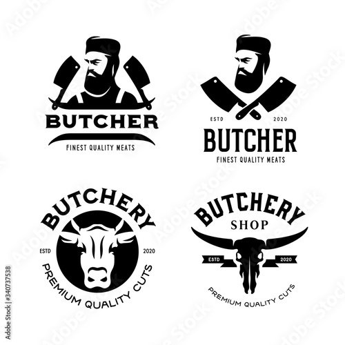 Butcher shop labels badges emblems set. Vector vintage illustration.