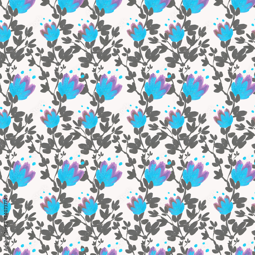 drawing of bright bluebells of flowers on a background of leaves.seamless pattern drawing of bright bluebells of flowers on a background of leaves.seamless pattern