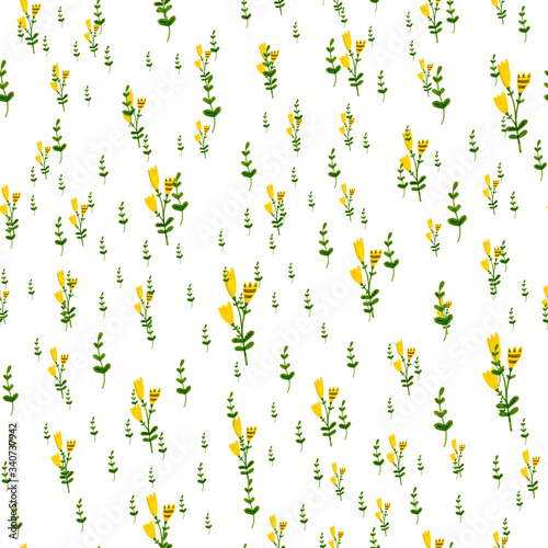 Chaotic hand drawn seamless pattern with yellow flowers and green branches. Marker / Watercolor illustration