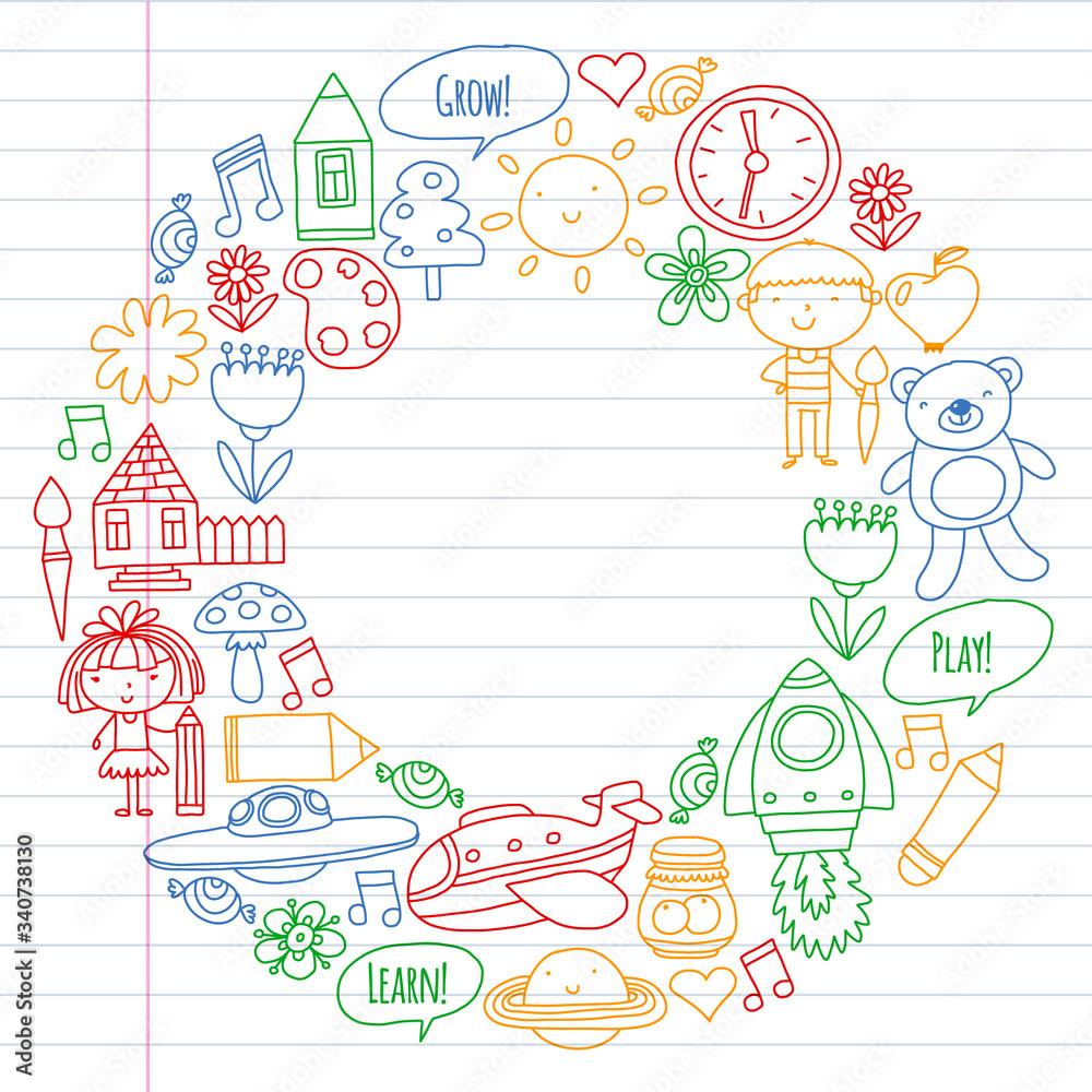 Vector icons and elements. Kindergarten, toys. Little children play, learn, grow together.