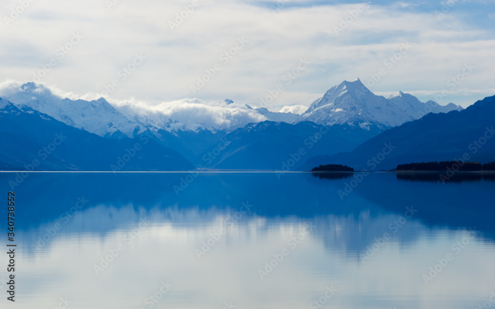 Lake Pukaki in New Zealand. Soft focus. Landscape panorama photograph.