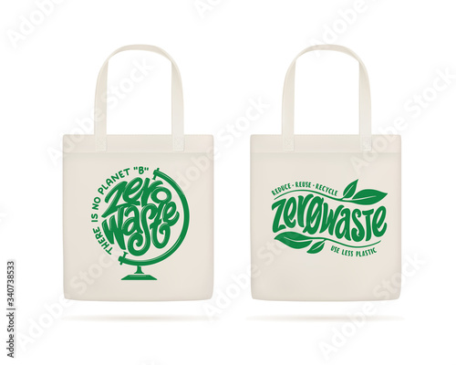 Eco bags realistic set with zero waste prints. Vector illustration.