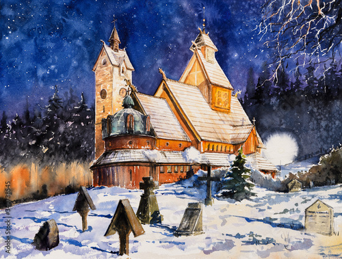 Watercolor painting of the medieval Wang Temple in Karpacz, Poland.It is a Norwegian stave church which was transferred to Karkonosze mountains. photo