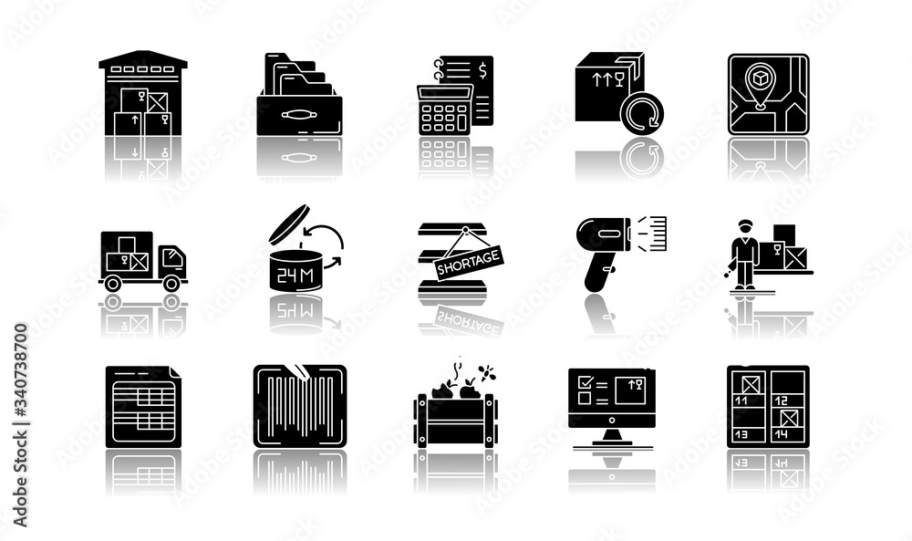 Inventory tracking drop shadow black glyph icons set.. Warehousing ...