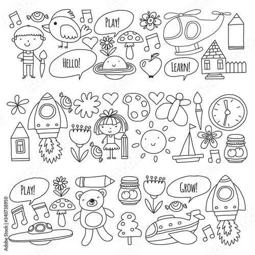 Vector icons and elements. Kindergarten, toys. Little children play, learn, grow together.