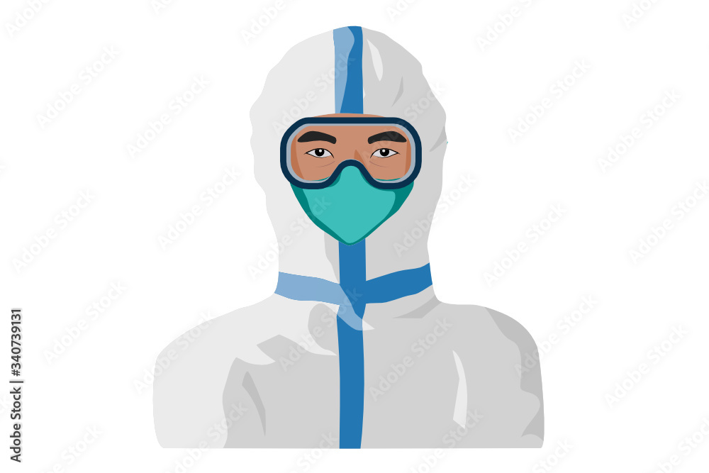 Healthcare personnel wearing PPE, full personal protective equipment.  Asian man portrait illustration.
