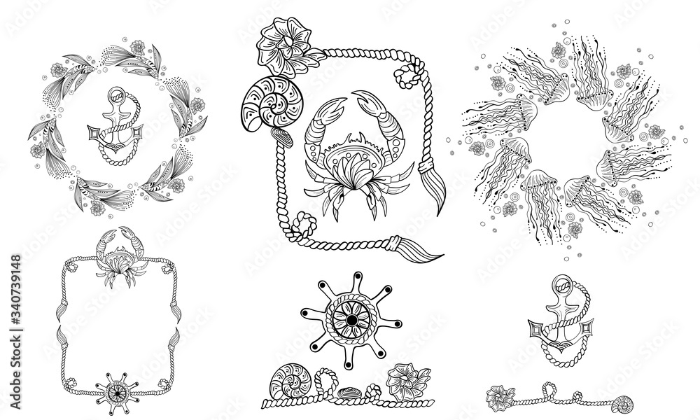 Marine outline set of pre-made composition of fish, jellifish, anchor, crab, rope, helm, seashell. Vector line art set of composition for postcard, flyer, tag. Black hand drawing graphic, illustration