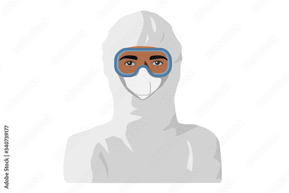 African-american man personnel wearing PPE, full personal protective equipment. Isolated portrait illustration. African-american man personnel wearing PPE, full personal protective equipment. Isolated portrait illustration.