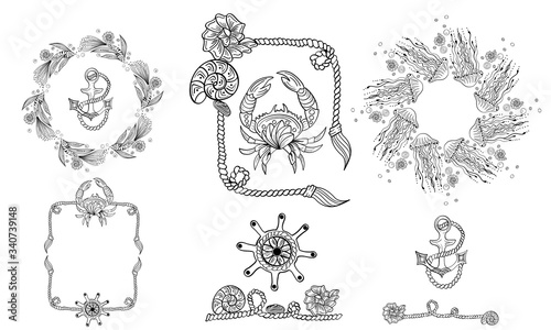 Marine outline set of pre-made composition of fish, jellifish, anchor, crab, rope, helm, seashell. Vector line art set of composition for postcard, flyer, tag. Black hand drawing graphic, illustration