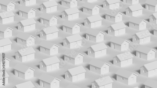 An array of simple small white rural houses  town block