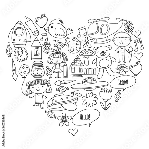 Vector icons and elements. Kindergarten, toys. Little children play, learn, grow together.