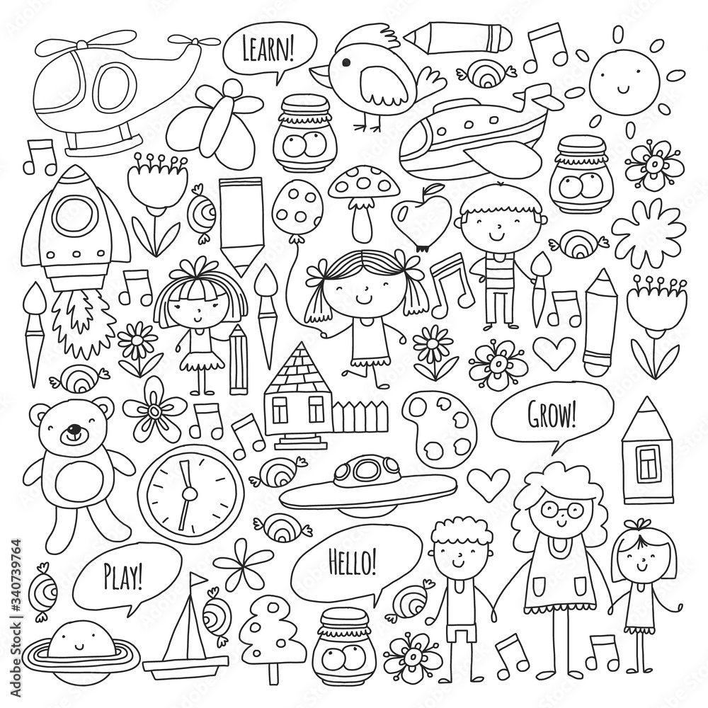 Vector icons and elements. Kindergarten, toys. Little children play, learn, grow together.