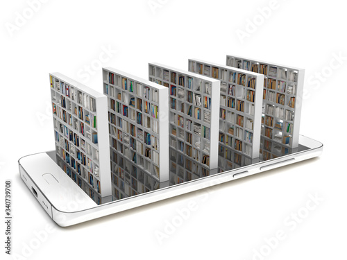 Bookcase with books on a smartphone screen isolated on a white background. Electronic library in a mobile phone. Distance education and self-study. Books online. Creative conceptual 3D rendering.