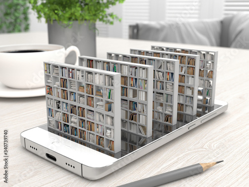 Fotografie, Obraz Bookcase with books on a smartphone screen on a desktop