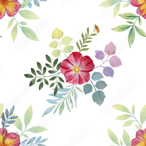 Seamless watercolor flowers pattern. Flowers and leaves. Hand painted color. Floral pattern for design. Seamless floral pattern.  Painted flowers for packaging  wallpaper  fabrics.