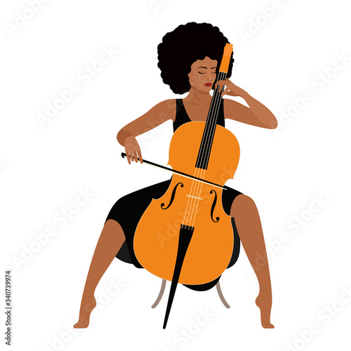 A young African girl in a black dress with an Afro hairstyle sits barefoot on a chair and plays the cello. Vector stock flat illustration isolated on a white background.