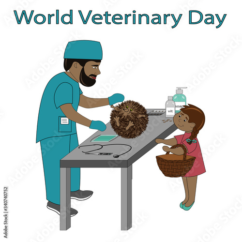 World Veterinary Day greeting card. Veterinary doctor, his patient - cute hedgehog, and little girl with basket who brought it.