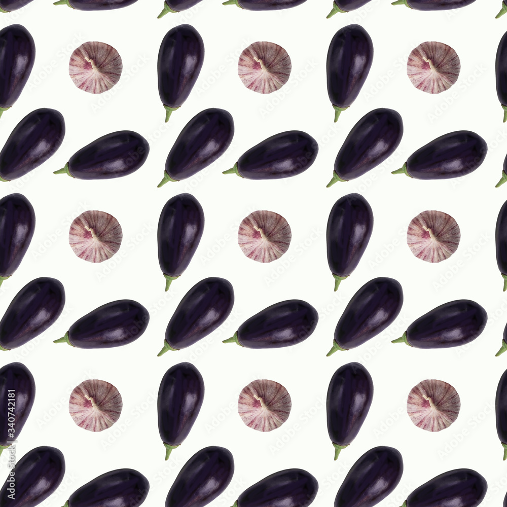 Seamless pattern of eggplant and garlic on a purple background. The food texture. The concept of healthy eating. Seamless pattern of eggplant and garlic on a purple background. The food texture. The concept of healthy eating.