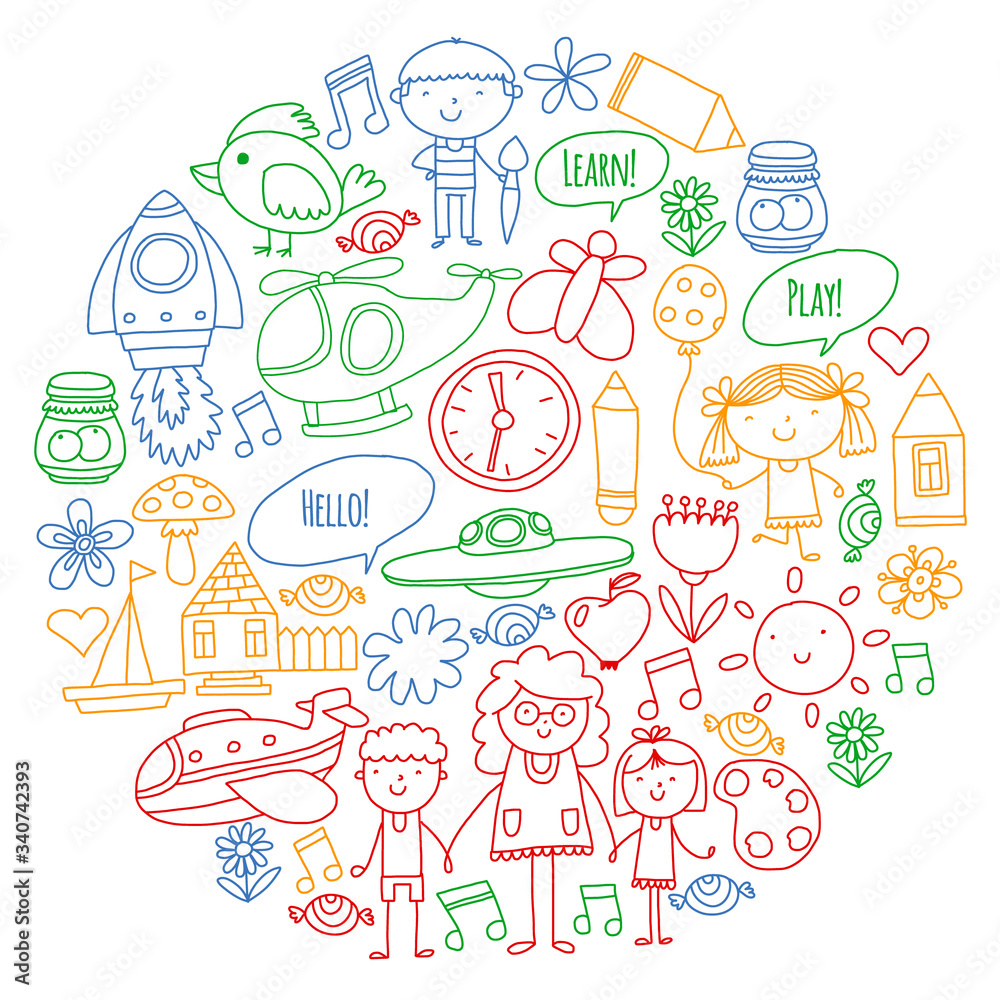 Vector icons and elements. Kindergarten, toys. Little children play, learn, grow together.