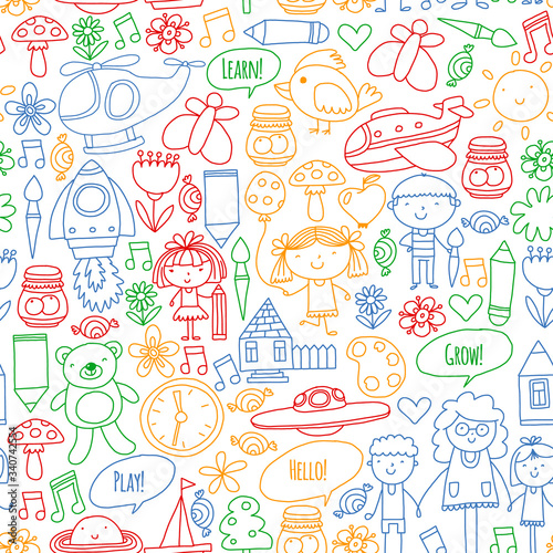 Vector icons and elements. Kindergarten, toys. Little children play, learn, grow together.