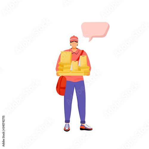 Delivery man flat color vector faceless character. Courier in uniform with parcel. Shipping goods and food. Person with speech bubble isolated cartoon illustration for web graphic design and animation