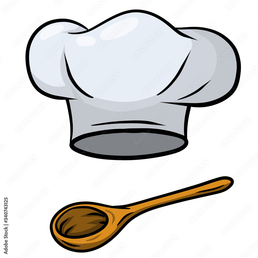 Chef hat. Wooden spoon. Cook white Clothes. Element of the restaurant and cafe logo. Cartoon drawn illustration