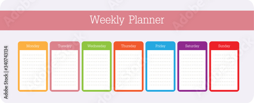 Multicolored vector schedule. Weekly planner template for companies and private use. Info graphic organizer or Weekly routine agenda sheet