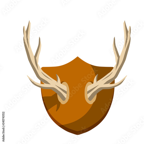 Horn of deer. Hunting trophy. Wall decoration element. Old catch on wooden board. Part of the stag animal head. Medieval Brown shield. Flat cartoon illustration