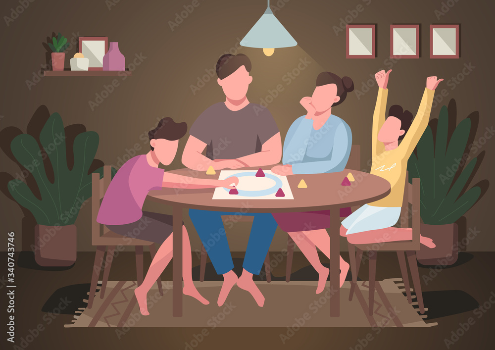 Family play board game flat color vector illustration. Evening entertainment for kids and parents. Mom and dad play tabletop game. Relatives 2D cartoon characters with interior on background - obrazy, fototapety, plakaty 