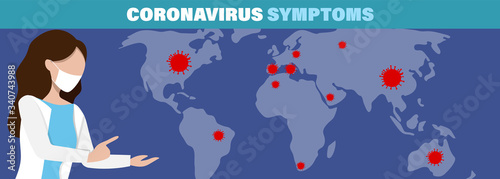 Coronavirus disease. Infographic symptoms vector illustration COVID-19 infection medical background. Dangerous asian ncov corona virus, SARS pandemic risk concept.
