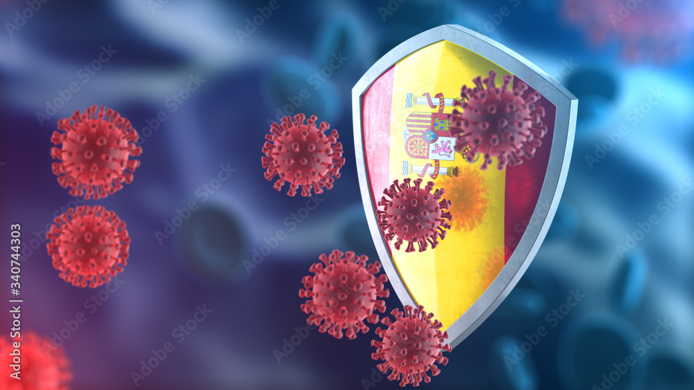 Fototapeta premium Security shield as virus protection concept. Coronavirus Sars-Cov-2 safety barrier. Shiny steel shield painted as Spanish national flag defend against cells, source of covid-19 disease.