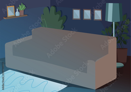 Couch for movie night flat color vector illustration. Sofa in dark livingroom in evening. Furnished house. Home furniture for leisure. Living room 2D cartoon interior with decor on background