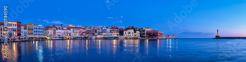 Panorama of picturesque old port of Chania is one of landmarks and tourist destinations of Crete island in the morning on sunrise. Chania  Crete  Greece