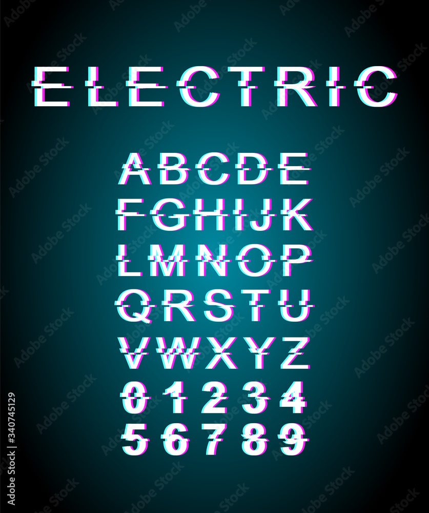 Electric glitch font template. Retro futuristic style vector alphabet set on turquoise background. Capital letters, numbers and symbols. Modern typeface design with distortion effect Electric glitch font template. Retro futuristic style vector alphabet set on turquoise background. Capital letters, numbers and symbols. Modern typeface design with distortion effect