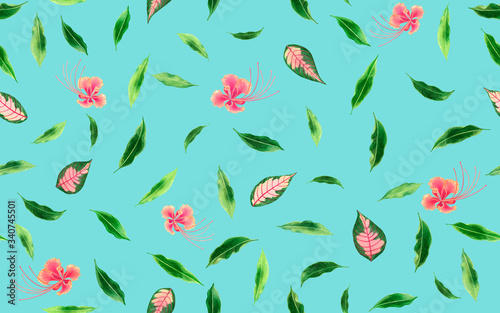 Watercolor painting fresh falling leaf,green leaves seamless pattern background.Watercolor colorful illustration tropical exotic leaf prints for wallpaper,textile Hawaii aloha summer style pattern.