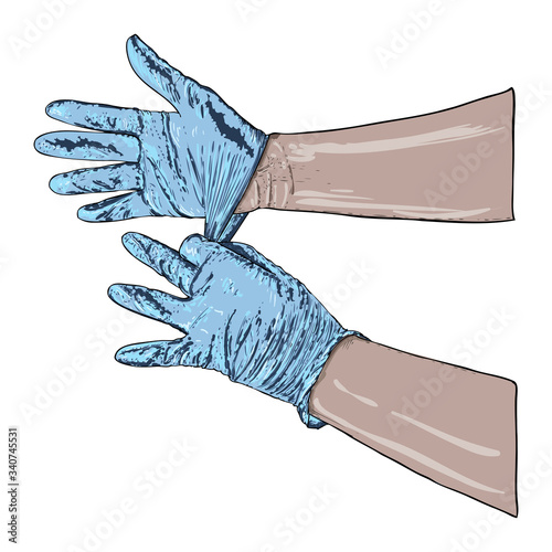 Hands putting on protective disposable blue gloves. Medical latex gloves for protection against COVID-19 and coronavirus . Protective measures  used for medical purposes to prevent germs and bacteria.