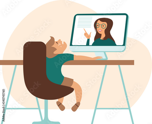 School kid is being frustrated by modern online education technology. Concept for Homeschooling during coronavirus quarantine.