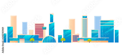 Modern city, metropolis cartoon vector illustration. Urban skyline flat color object. Residential district buildings, skyscrapers isolated on white background. Business center, downtown architecture
