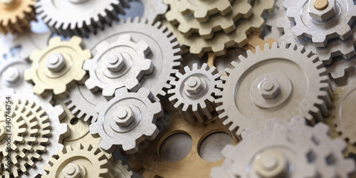 Metallic gears and cogs. 3D rendered illustration.