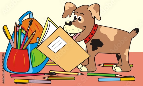 dog and workbook, vector illustration photo