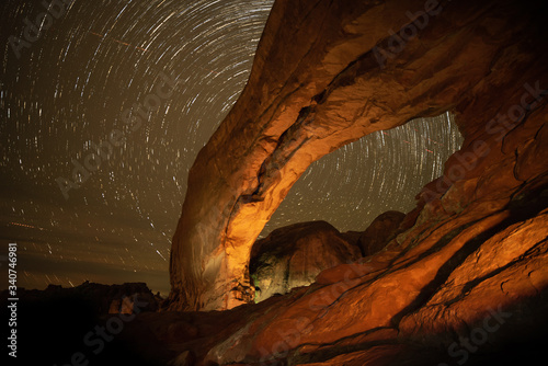 Star trails behind North Window Arch, Arches National Park, Utah