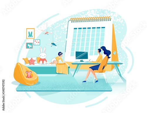 Young Mother Working at Home Vector Illustration