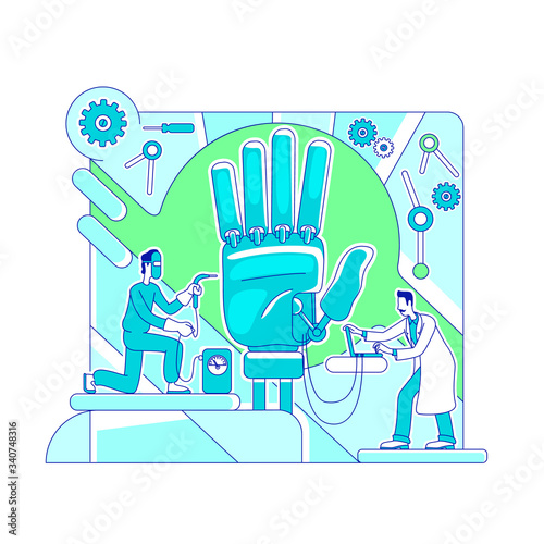 Prosthetics science thin line concept vector illustration. Lab workers, scientist and engineer 2D cartoon characters for web design. Artificial limb, bionic hand construction. Robotics creative idea