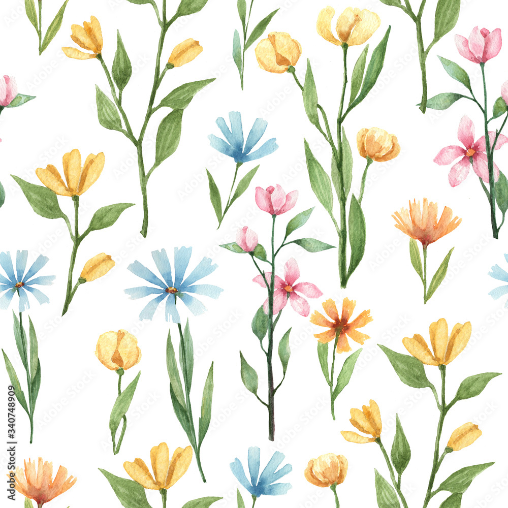 Watercolor seamless pattern with blue flowers. Spring and summer design