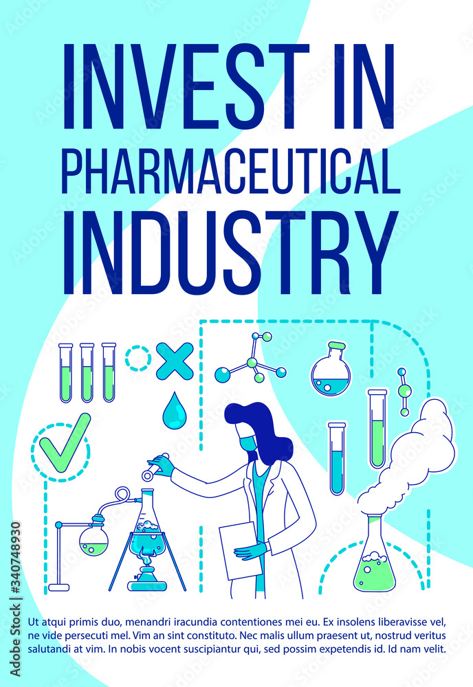 Invest in pharmaceutical industry poster flat silhouette vector template. Science brochure, booklet one page concept design with cartoon characters. Medical research flyer, leaflet with text space Invest in pharmaceutical industry poster flat silhouette vector template. Science brochure, booklet one page concept design with cartoon characters. Medical research flyer, leaflet with text space