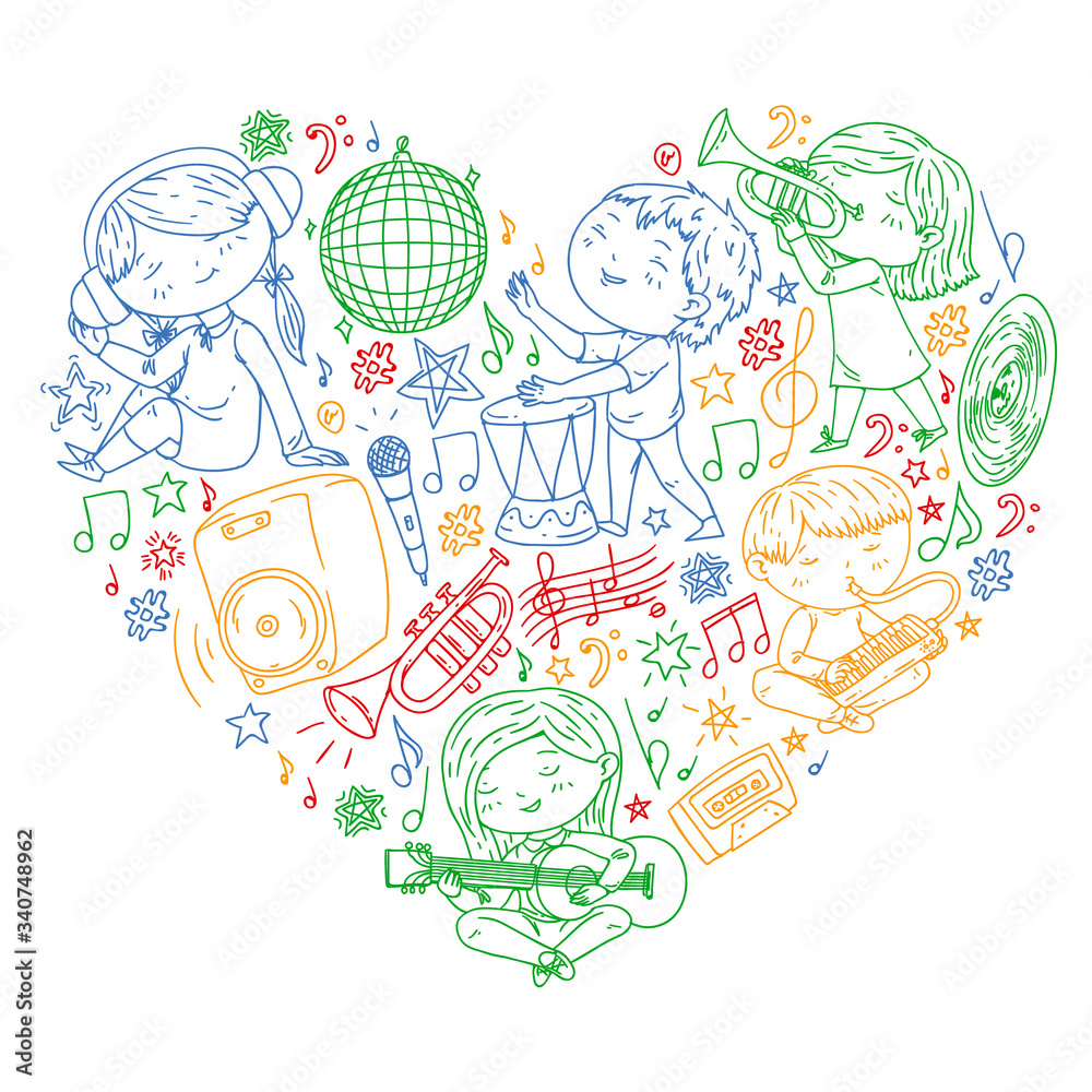 Children play music. Musical education, theatre, school.