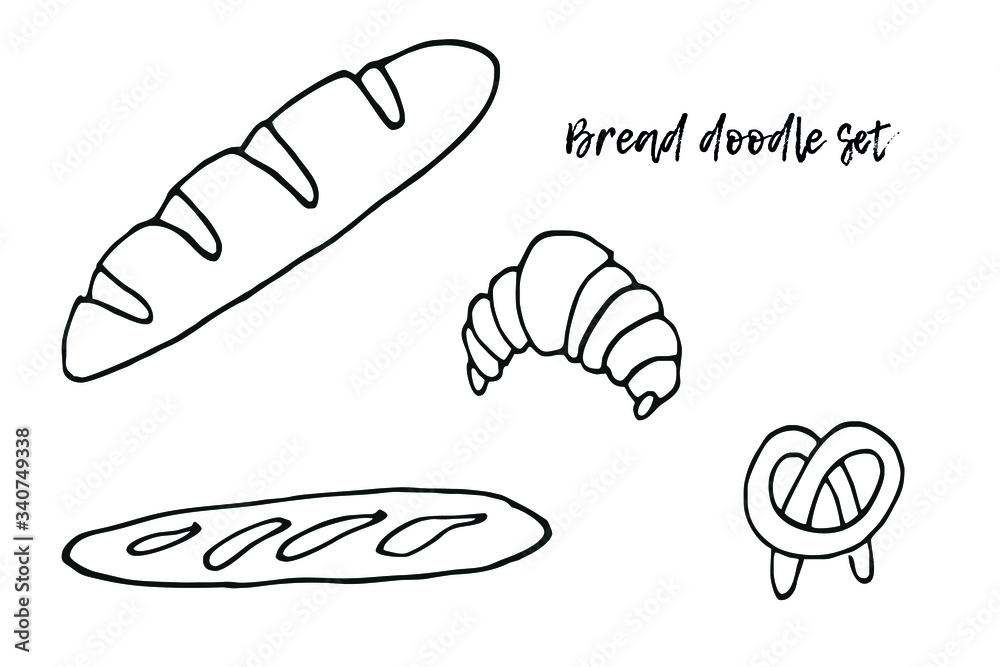 Set of pastries sketch black on white background. Baguette, baton, pretzel, croissant Doodle illustration. Various sorts of bread in lines. For bakery, logo, postcards 300 DPI Set of pastries sketch black on white background. Baguette, baton, pretzel, croissant Doodle illustration. Various sorts of bread in lines. For bakery, logo, postcards 300 DPI