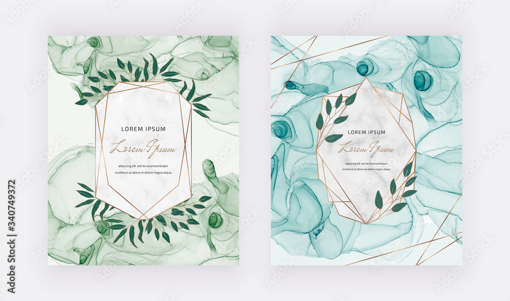 Green alcohol ink cards with geometric marble frames and leaves. Trendy template for wedding invitation, card, flyer, poster, greeting.
