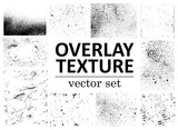 Grunge overlays vector. Different paint textures with splay effect and drop ink splashes. Dirty grainy stamp and scratches and damage marks. Urban grunge overlay. Vector illustration